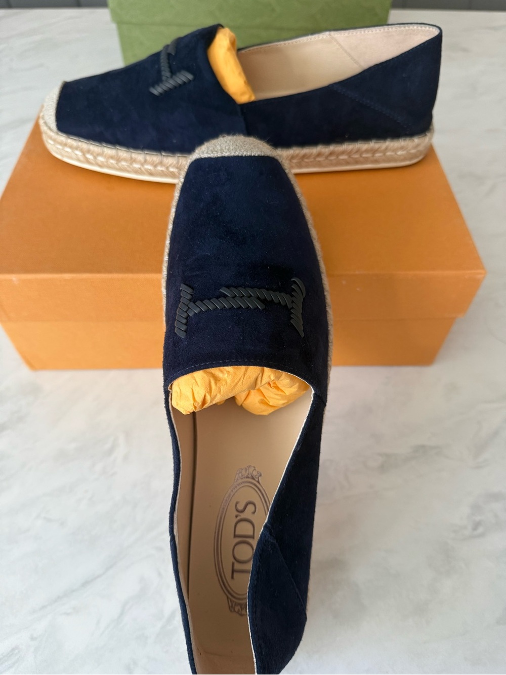 TOD'S Navy Suede leather Espadrille Slip-Ons with logo embroidered Sz 39.5